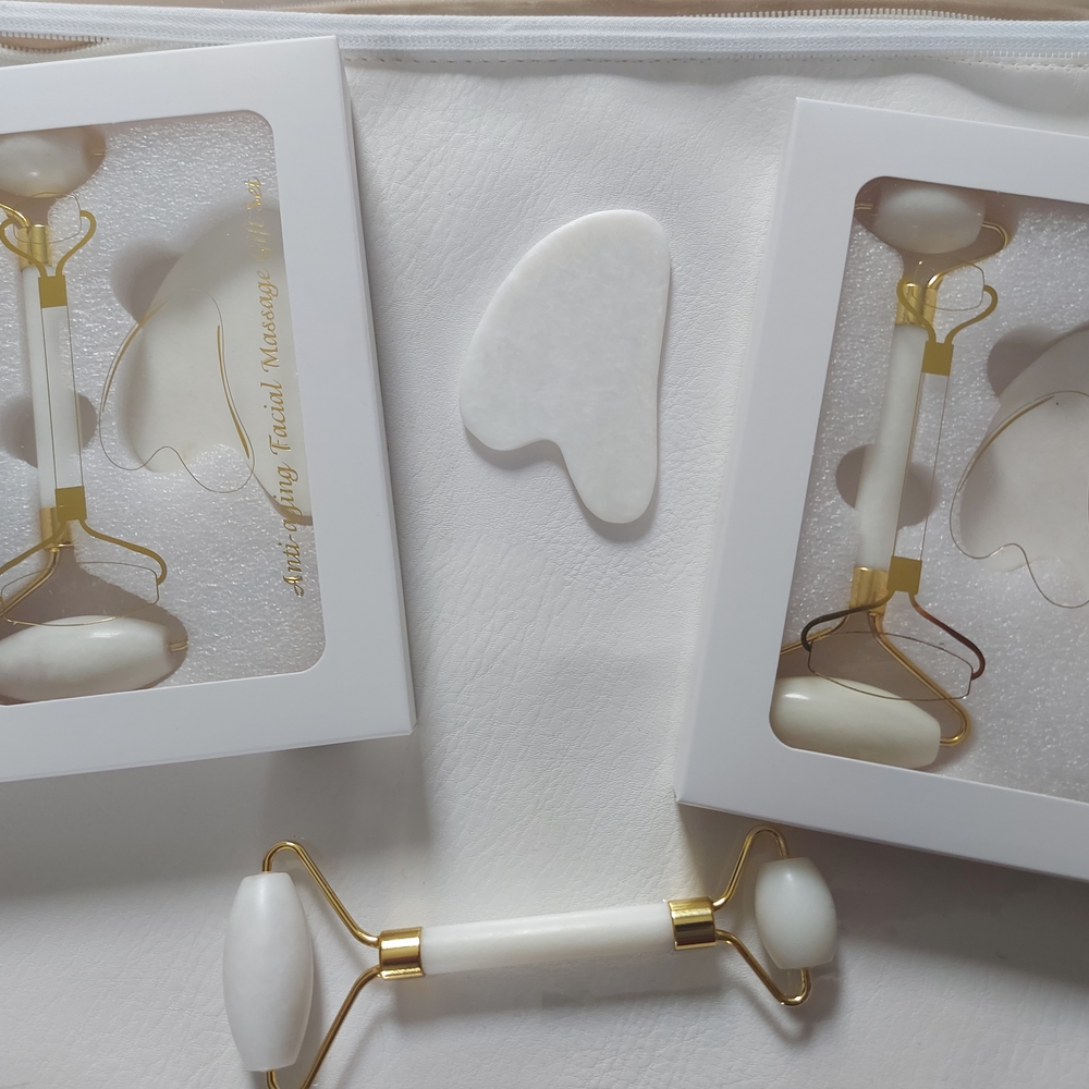 White Facial Massage Roller and Gua Sha Set